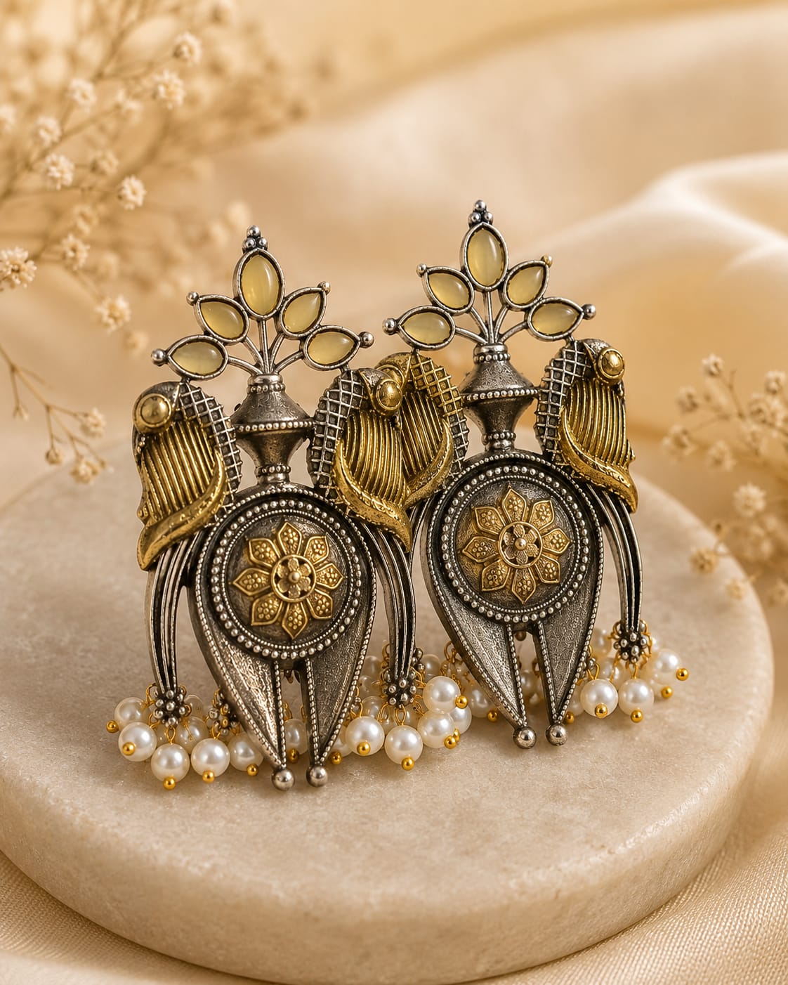 Antique Dual-Tone Pearl Statement Earrings