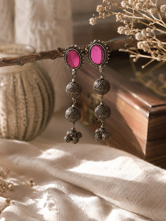 Antique Oxidized Pink Stone Drop Earrings