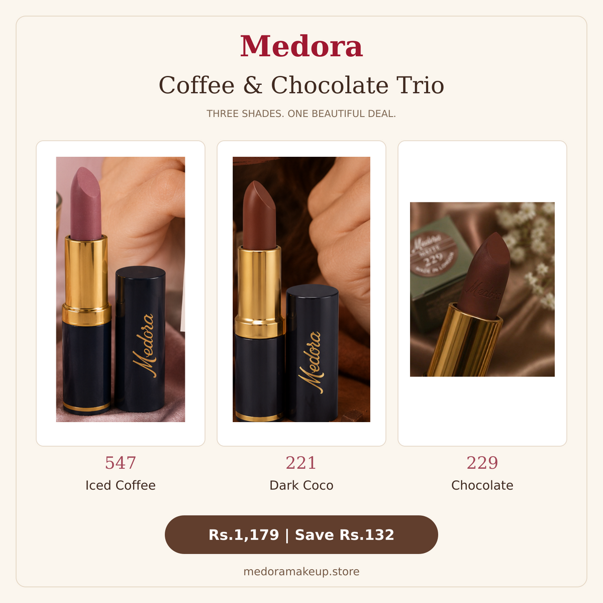 Medora Coffee & Chocolate Trio – 547 Iced Coffee, 221 Dark Coco & 229 Chocolate — original Shopify product photos