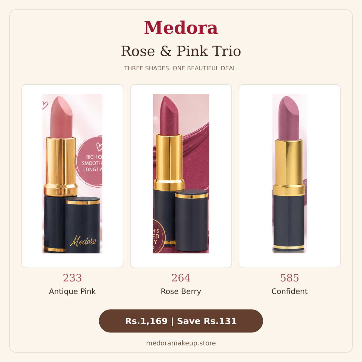 Medora Rose & Pink Trio – 233 Antique Pink, 264 Rose Berry & 585 Confident — original Shopify product photos